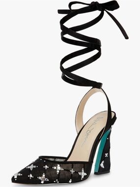 Betsey Johnson Black Pointed Slingback Heels with White Embellishments